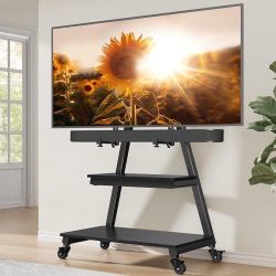 Perlegear Mobile TV Stand with Soundbar Mount, Rolling Floor TV Stand with Wheels for 43-80" TVs up to 132lbs, Mobile TV Cart with Storage Shelves, Ti