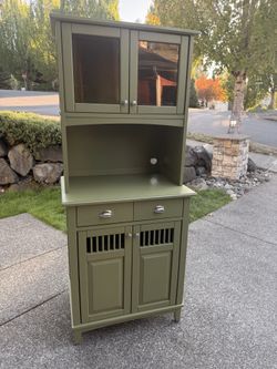 Refinished Sage Green Farmhouse Hutch / Coffee Bar Cabinet – $300