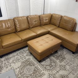Beautiful Brown Faux Leather Sectional W/ Ottoman 