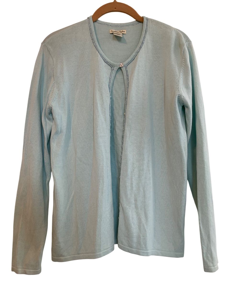 VINTAGE Cynthia Taylor Cardigan Knit Sweater Long Sleeve Beaded Sea Green Pastel