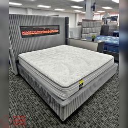 King or Queen size Modern Bed frame with Fireplace visualization LED USB 