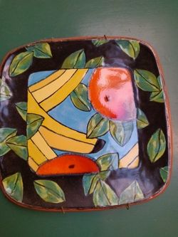 Clay Art Plate. Banana's and Oranges and Leaves. 9 Inches Square. Bought in Portugal in 1998. It is approximately 34 years old. Signed FRED S.