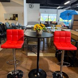 🔥Special Discount (Set of 3)🔥Adjustable PU leather swivel bar stool with backrest, footrest, and round bar table with metal base, suitable for bars,