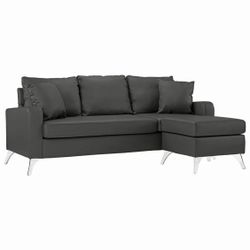 🛋 BRAND NEW Bonded Leather Sectional Sofa Small Space Couch Reversible Ottoman Dark Grey
