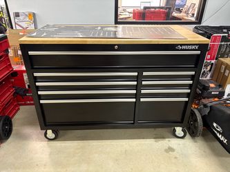 NEW !!! Shop Husky 52 in. W x 25 in. D Standard Duty 9-Drawer Mobile Workbench Tool Chest with Solid Wood Top in Gloss Black