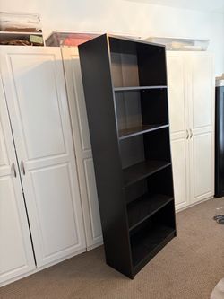 Black five shelf bookcase with adjustable shelves