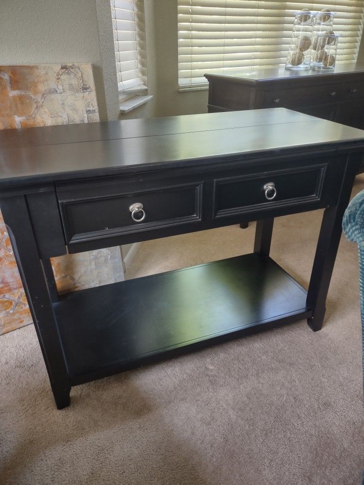 Black Sofa table/opens to a desk, large coffee table and two drawer cabinet bundle