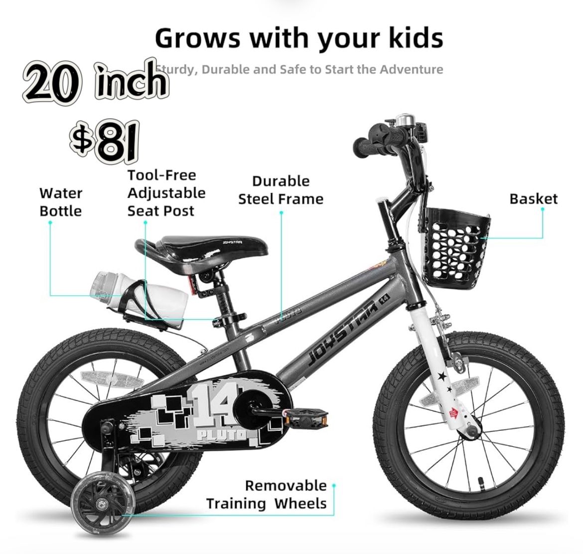 🥨JOYSTAR Pluto 20 Inch Kids Bike with Light Up Training Wheels, Kids' Bicycle for Boys Girls Age 3-12 Years, Children Bikes, black