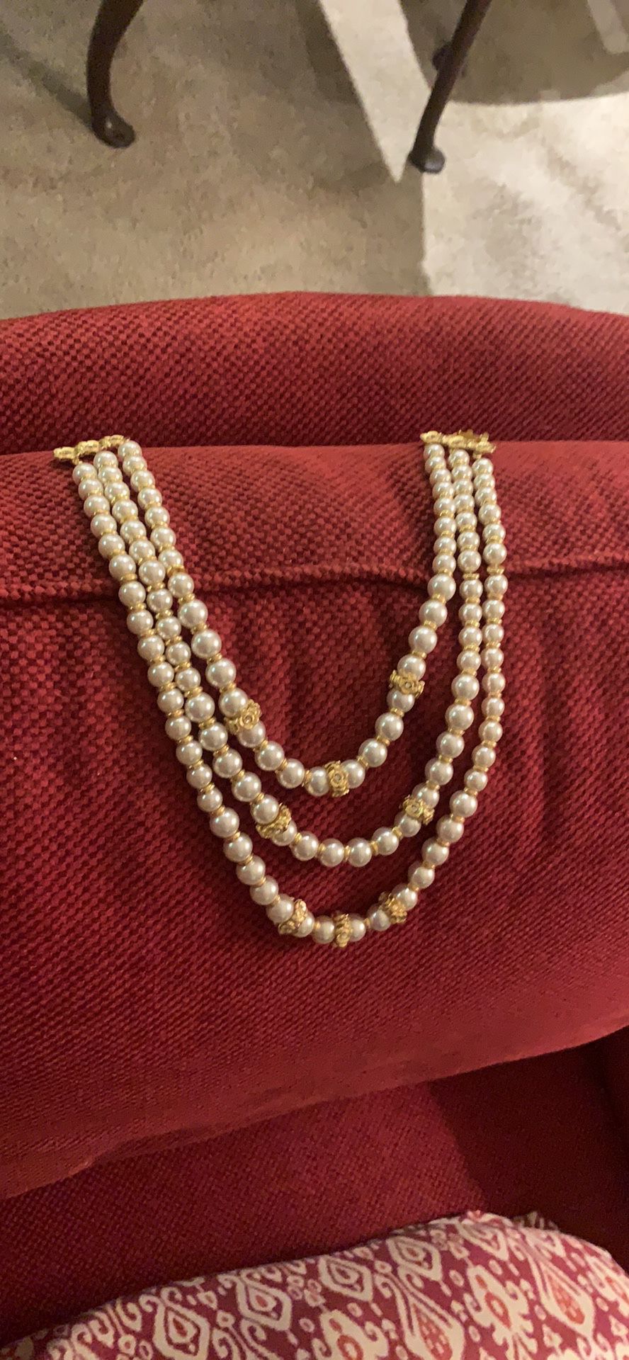 Stunning Vintage Three Strand Faux Pearl with Gold and Crystal Accents.