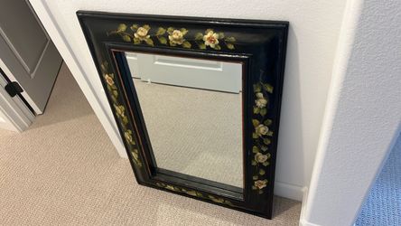 Vintage Hand-Painted Black Lacquer Floral Wall Mirror (27” x 34.5”)
