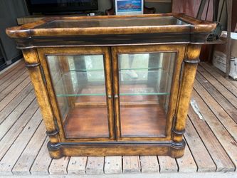 Vintage faux, bamboo glass display cabinet curio side table 30” x 16” x 26”