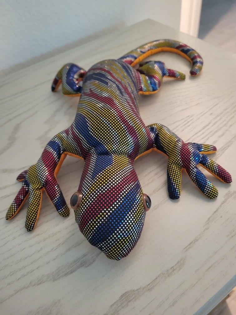 Vintage Rainbow Creatures Lizard Shiny Blue, Yellow, Red And White  White Millet Filled Plush Toy 18"