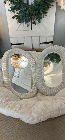 Vintage White Wicker Oval Wall Mirrors – Set of 2
