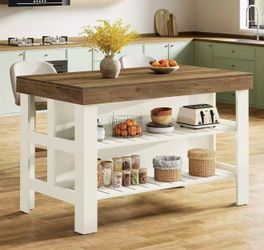 RY0321 new assembled Kitchen Island with Seating and Storage Shelves, 55.1-Inch Breakfast Counter Farmhouse Island Table for Kitchen Dining Room