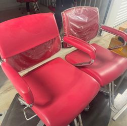 4 Red Vinyl & Metal Salon Chairs with Armrests and Footrests in GREAT CONDITION