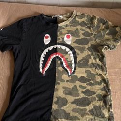 Bape Shark Tooth Bite half camo half black shirt