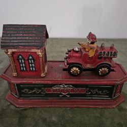 Vtg Metal Mechanical Bank Fireman & Fire Truck Red