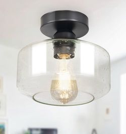 Industrial Semi Flush Mount Ceiling Light: Black Seeded Glass Kitchen Lighting Fixtures Ceiling - Vintage Hallway Light Fixtures E26 Bulb Included - 8