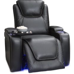 Home Theater Chair with Power Recline, Lumbar Support, Hidden Storage, LED Cup Holders, USB Port, and Premium Leather – Adjustable Single Recliner for