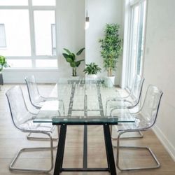 Modern Glass Dining Table + 4 Clear Acrylic Chairs - High-End Contemporary Set