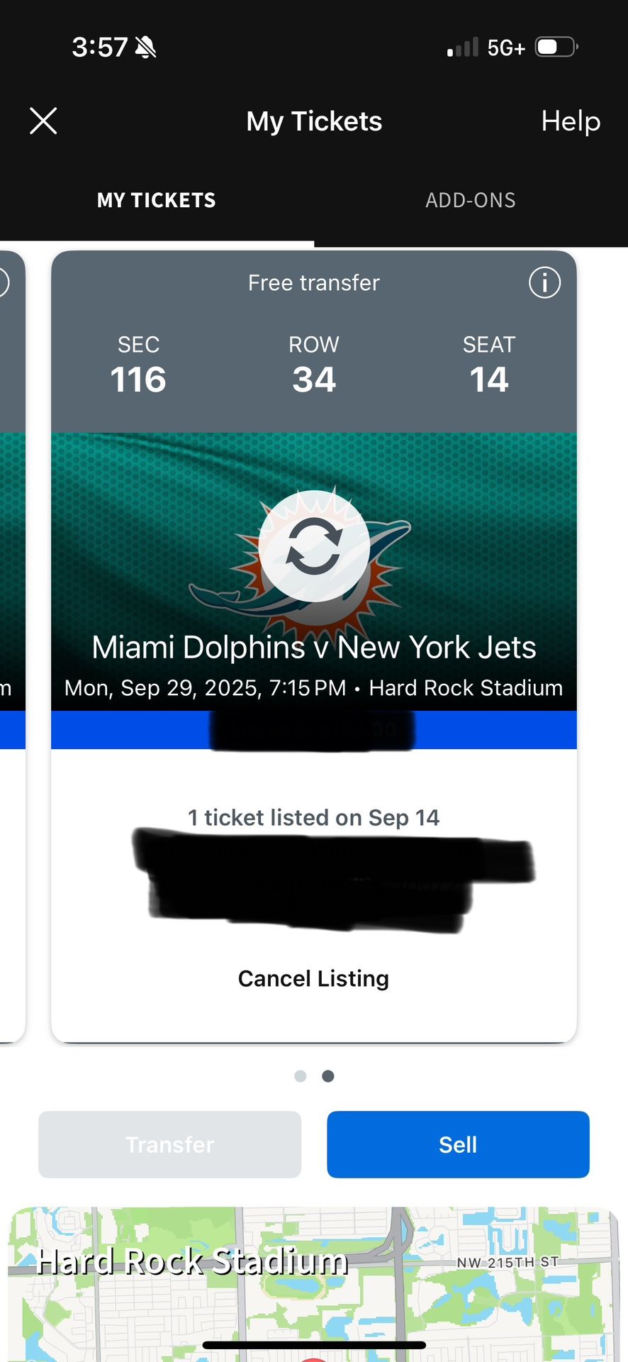 Miami Dolphins vs New York Jets 9/29 MNF tickets 