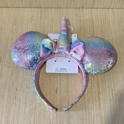 Disney Minnie Mouse Ears w/Bow & Unicorn Horn Headband Pastel Rainbow Brand New! 