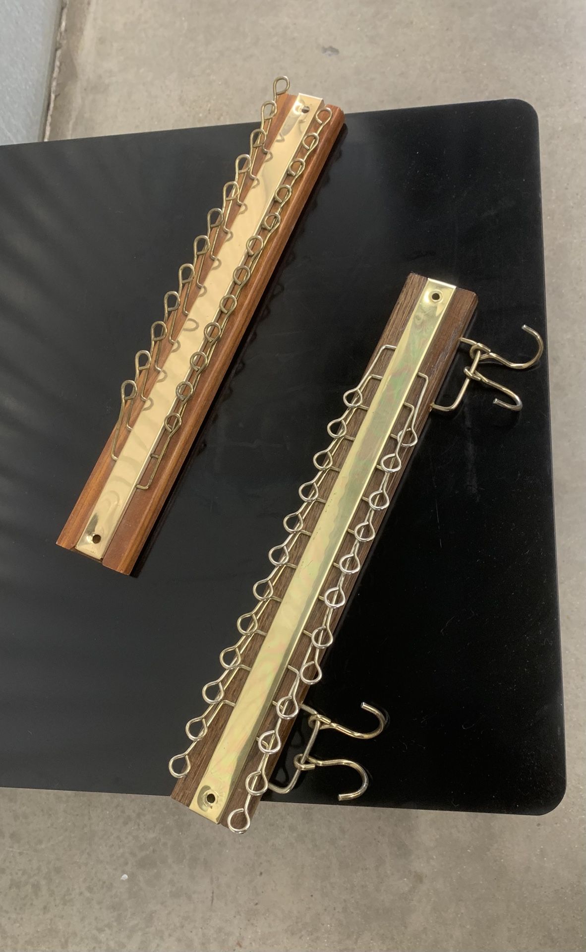 Mid-century 1960’s wood/ brass wall mount tie/ belt racks (set of 2)
