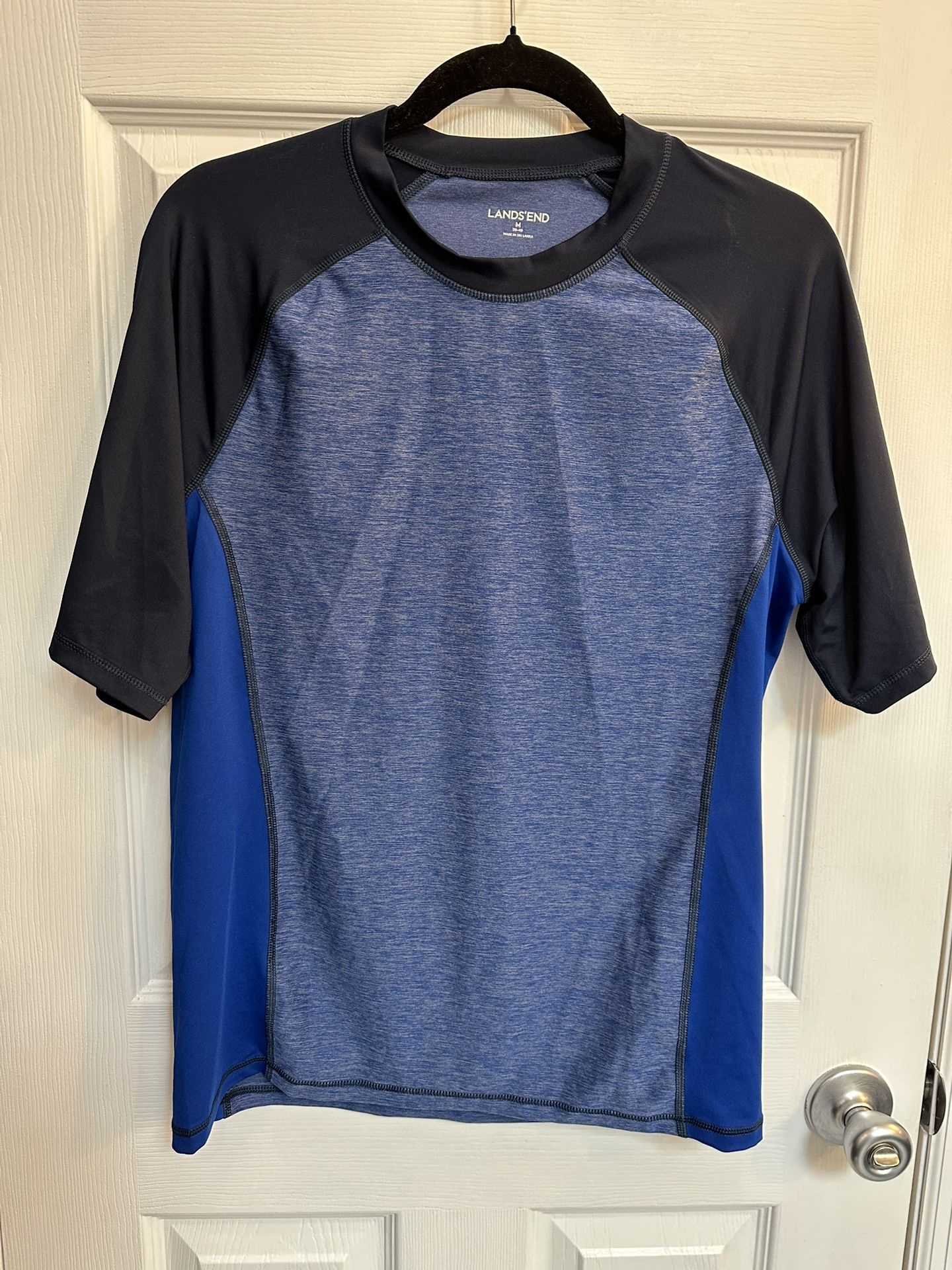 2 Landsend short sleeve rash guards in blue and gray size Medium.