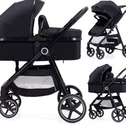 2-in-1 Baby Stroller with Bassinet Mode - Folding Infant Newborn Pram Stroller with Reversible Seat - Toddler Strollers for 0-36 Months Old Babies