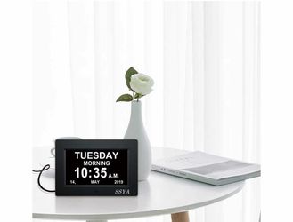 7 Inch Calendar Clock - 12 Alarm Options, Level 5 Auto Dimmable Display,Extra Large Impaired Vision Digital Clock with Non-Abbreviated Day & Month (Bl