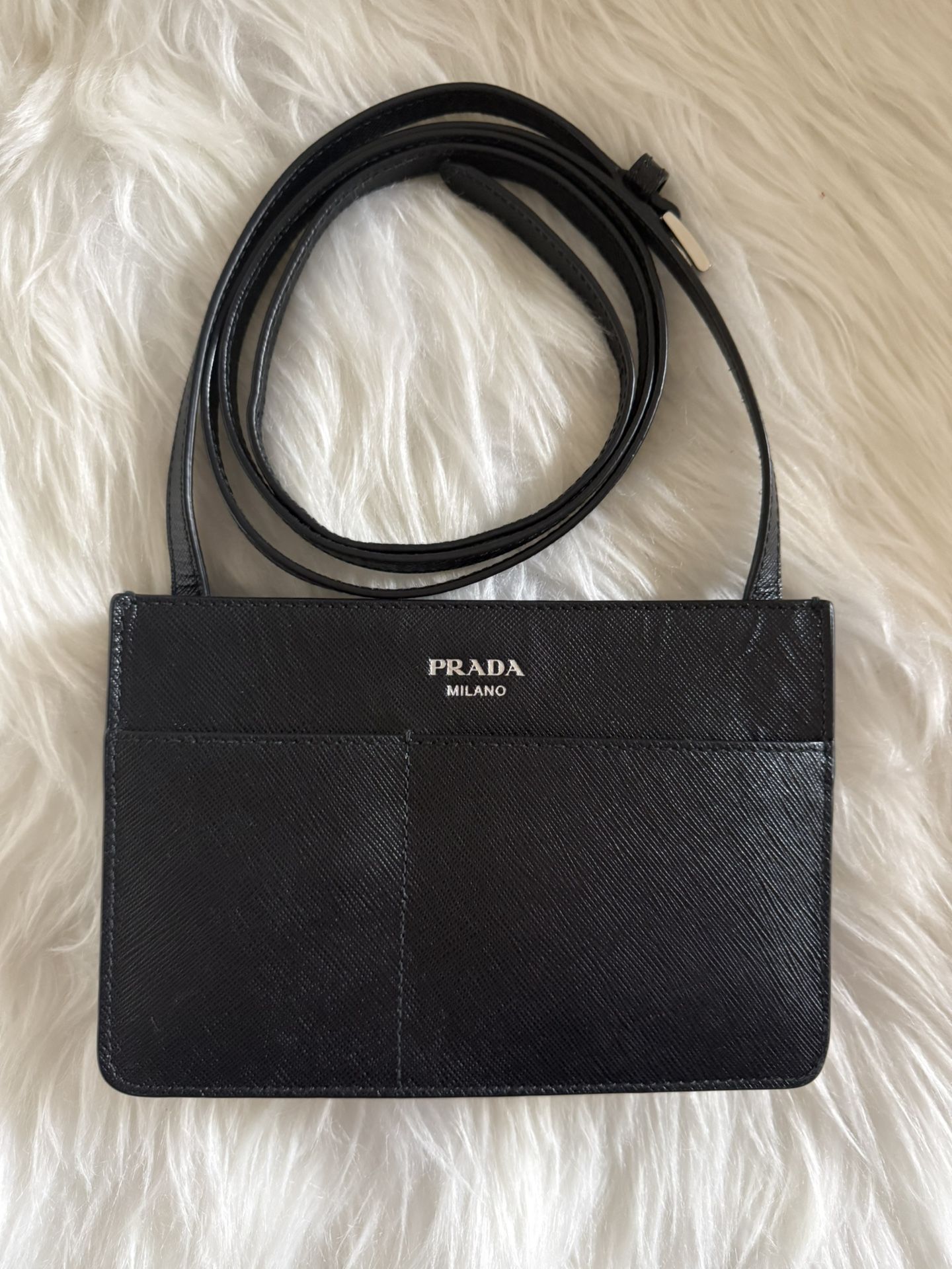 Auth Prada Saffiano Flat Phone Holder Crossbody Bag