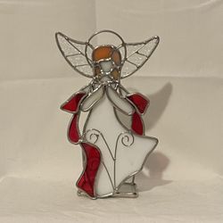 Handmade Stained Glass Angel Tealight Candleholder Wings Praying Xmas Vtg EUC