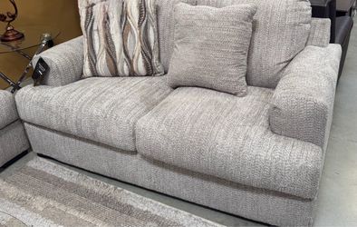 Gray Boucle Fabric Loveseat with Throw Pillows