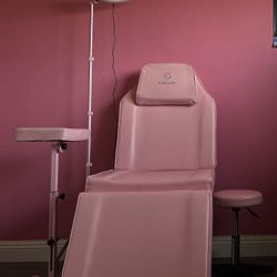 Massage chair, stool, ring light, & arm rest/ Tattooing supplies