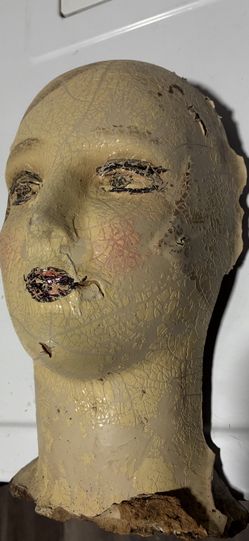 Title: Antique 19thC French Milliner's Mannequin Head - Distressed Papier-Mâché