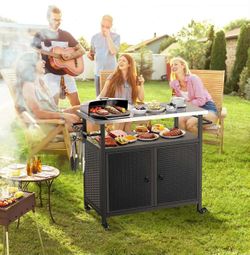 Outdoor Grill Cart with Storage, Outdoor Bar Cart with Wheels, Kitchen Island Cart with Stainless Steel Top for BBQ, Patio, Backyard