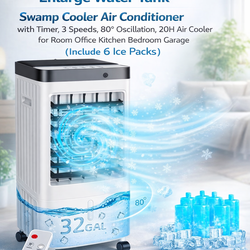 Swamp Cooler, Evaporative Air Cooler, Air Conditioner with Timer,3 Speeds,80° Oscillation,.remote