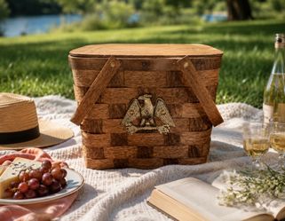 Vintage Baskerville Picnic Basket w/ Eagle Crest & New Fabric Liner