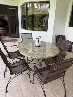 Custom Granite Top Wrought Iron Patio Dining Set – Seats 6