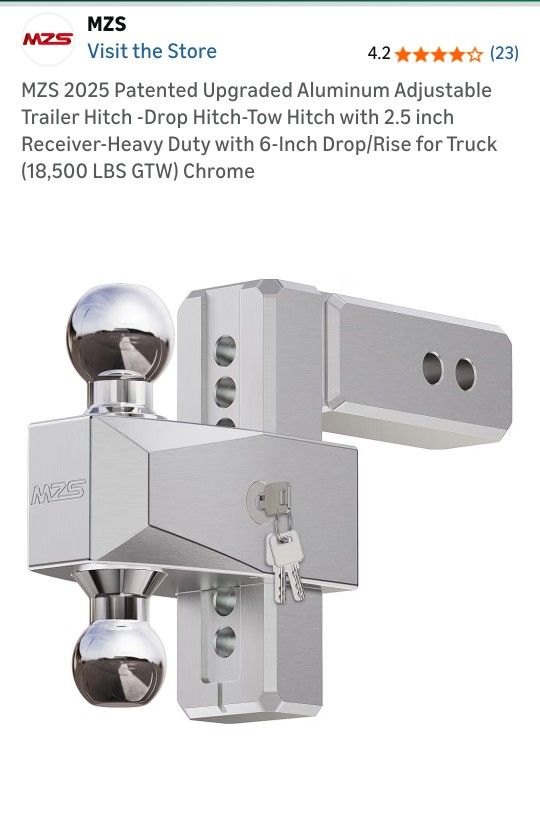Aluminum hitch with 2.5 inch receiver, 6-inch drop/rise, 18,500 lbs GTW, chrome finish