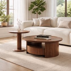 Solid Wood Round Walnut Coffee Table Set With Drawers