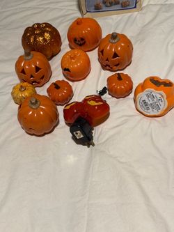 Halloween Decorations. Multiple Halloween Pumpkin Decorations including night light, Eyeballs, Black Cat Candy Jar, More