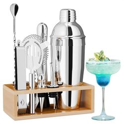 Bartender Kit with Stand – Stainless Steel Mixed Drink Shaker Set with 10 Accessories, Easy to Clean Bar Tool Set | Wooden Organizer