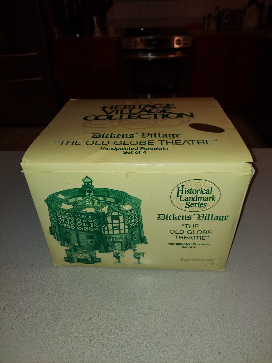 VINTAGE 1998 HERITAGE VILLAGE COLLECTION HISTORICAL LANDMARK SERIES DICKENS VILLAGE  THE OLD GLOBE THEATRE HAND PAINTED PORCELAIN SET OF 4
