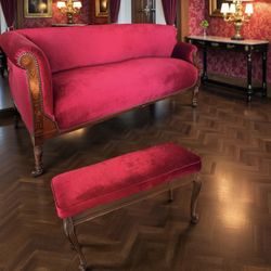 Ruby Merlot 2p Import French Silk Velvet Fabric Vintage Settee Sofa + Bench Set
