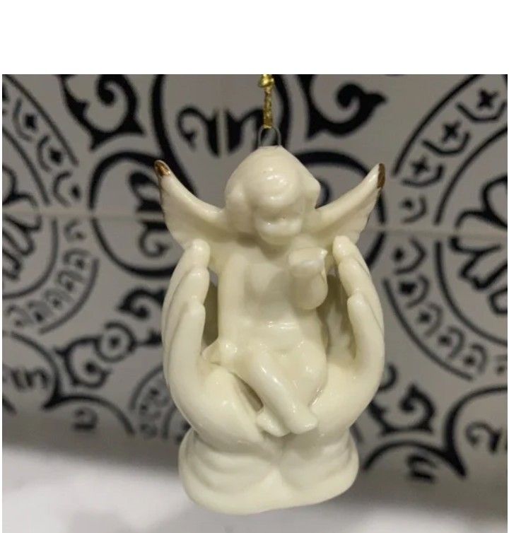 Vintage Porcelain Cherub Angel Blowing Kiss in Lords Hands Gold Gilt Christmas Ornament
