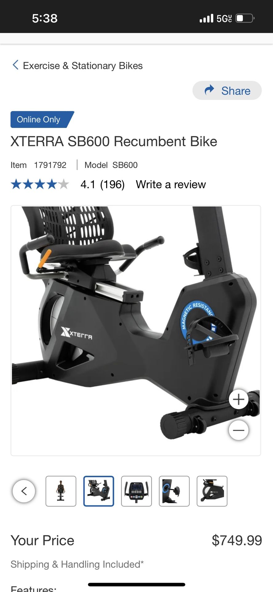 XTERRA SB600 Recumbent Bike