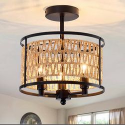 VBSCIUPZ 3 Light Rattan Ceiling Light Fixture 11inch Boho Semi Flush Mount Ceiling Light Black Hand