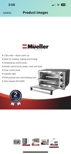 Mueller Austria Toaster Oven 4 Slice, Multi-function Stainless Steel Finish  with Timer - Toast - Bake - Broil Settings, Natural Convection - 1100 Watts  of Power, Includes Baking Pan and Rack