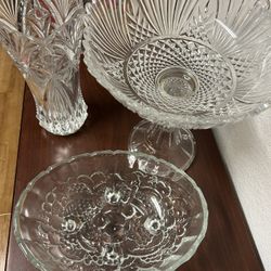 Decorative  Cut Glass Vase, Salad Dish And  Punch Bowl